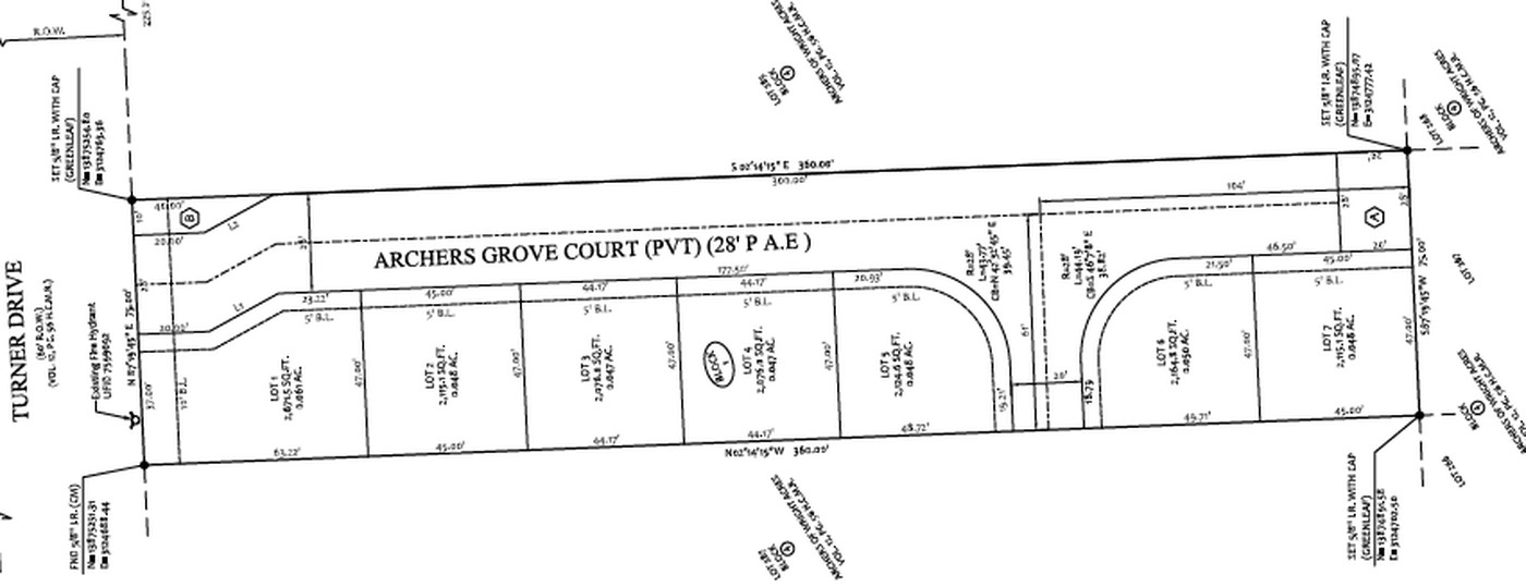 Recorded plat map of the Archers Grove Court replat into 7 lots